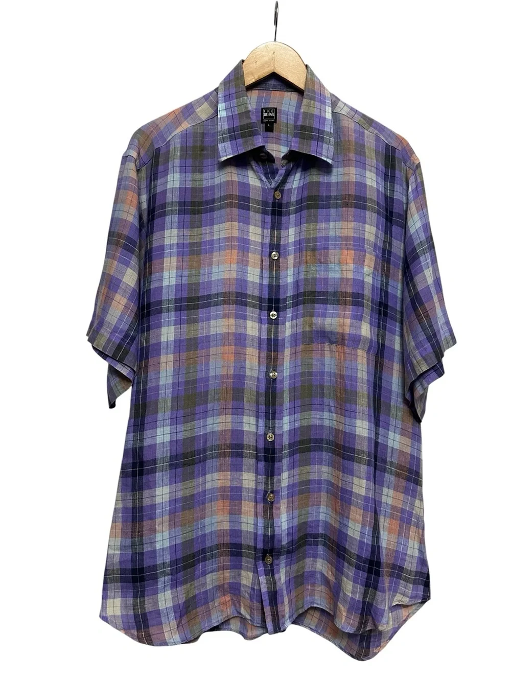 Ike Behar Men's‎ Short Sleeve Linen Shirt Purple Plaid Preppy Summer Size Large